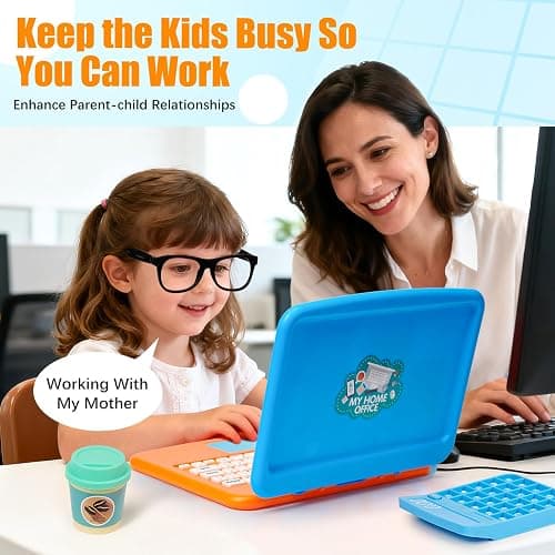 Cleboen Pretend Play Home Office Set for Kids — Toy Laptop Computer, LCD Writing Tablet, Pop Fidget Calculator, Phone, Headset, Glasses, Coffee Cup & Handbag, Birthday Gifts for Boys Girls Age 3-5-7 thumbnail 6