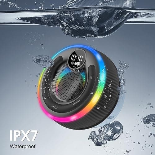 Bluetooth Speaker, Shower Speaker Stereo Sound, IPX7 Waterproof Speakers, Digital Display Portable Speaker with Suction Cup, LED Light, Small Wireless Speakers for Outdoor Party Beach Bathroom, Black thumbnail 4