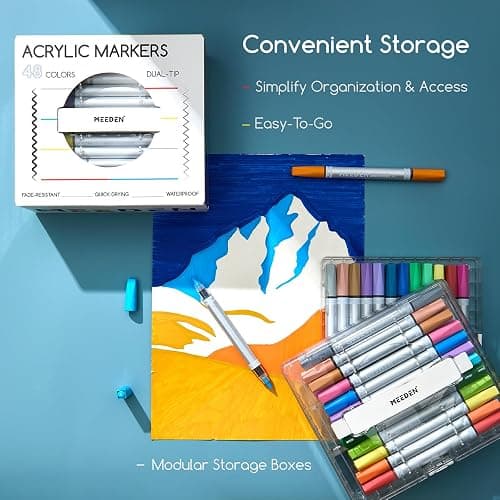 MEEDEN Artist Acrylic Paint Markers: 48 Colors Dual Tip Acrylic Marker with Brush & Round Tip - Waterproof Paint Pens Markers with Automatic Ink Control for Wood, Canvas, Glass, Rock, DIY, Ceramic thumbnail 6