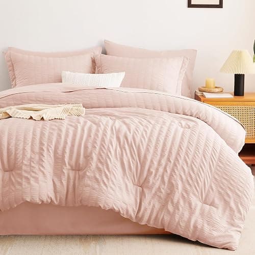 CozyLux King Size Comforter Set Blush Pink Seersucker 7 Pieces Bed in a Bag King Comforter Set with Sheets, Luxury Bedding Set with Down Alternative Comforter, Sheets, Pillowcases & Shams All Seasons thumbnail 3