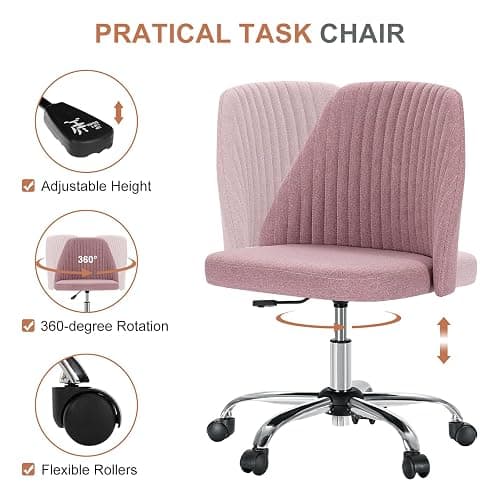 DUMOS Office Desk Chair, Modern Cute Rolling Vanity Swivel Task Seating with Wheels, Comfortable Back Seat Armless for Home, Bedrooms, Study, Student, Adults, Make-Up, Dressing Room Pastel Pink - Pastel Pink thumbnail 4