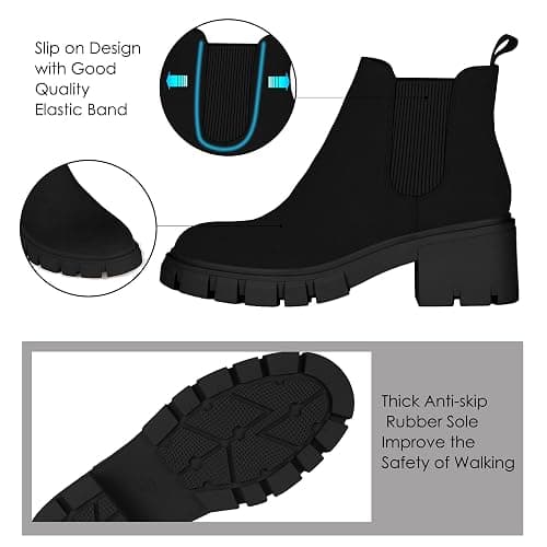 Athlefit Women's Chelsea Boots Fashion Lug Sole Chunky Heel Slip on Elastic Ankle Booties thumbnail 4