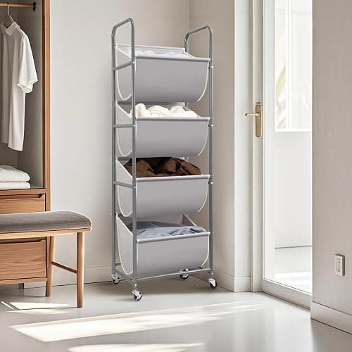 STORAGE MANIAC Vertical Rolling Laundry Hamper, 4 Section Laundry Sorter with Wheels and 2 Breaks, 4-tier Laundry Baskets for Small Space, Dorm, Laundry Room, Closet, Bathroom, Gray 4-tier thumbnail 7