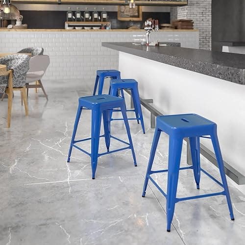 Flash Furniture Kai Commercial Grade 24" High Backless Blue Metal Indoor-Outdoor Counter Height Stool with Square Seat thumbnail 2