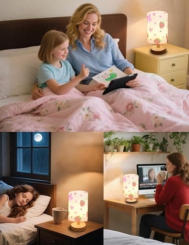 Strawberry Lamp, Strawberry Room Decor for Girls,3 Color Changing LED Night Light with 9 Brightness Levels Wood Nightstand Desk Base Flaxen Fabric Shade for Bedroom Living Room (Pink Strawberry) thumbnail 6