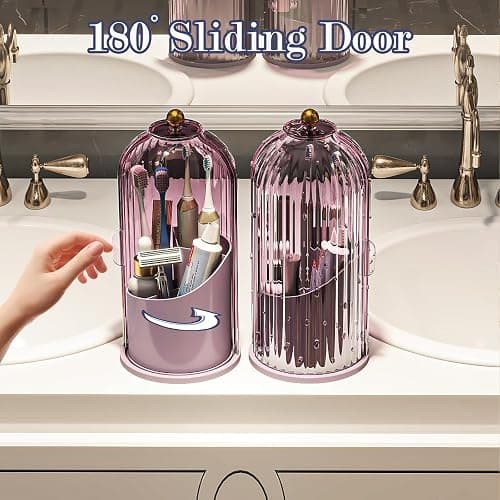 Zufudo Dustproof Toothbrush Holders with Cover, Rotating Electric Toothbrush and Toothpaste Holder for Bathroom Countertop, 3 Slots Makeup Brushes Organizer, All Pink thumbnail 2