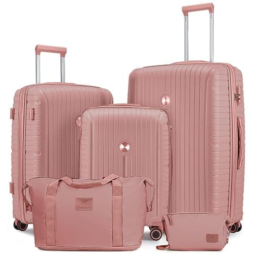 Joyway Luggage Sets 5 Piece PP Hardshell Carry on Suitcase, Travel Lightweight Carry-on with Double Spinner Wheels and TSA Lock, Rose Gold - Image 1
