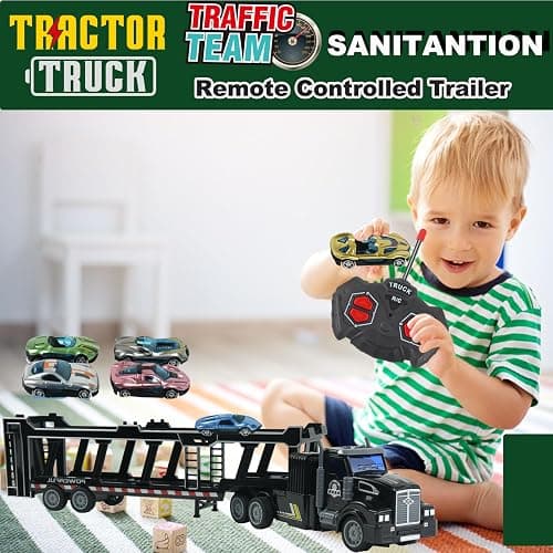 CALEST Remote Control Car Transporter Truck Includes 6 Cars, 14" 1:48 Car Transporter Semi Truck Toy, Equipped with 2 Rechargeable Batteries, Gifts Ideas for Boys Age 3-8 Year Old thumbnail 3