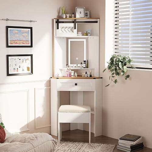 ARTETHYS Small Vanity Desk Set with Lights and Mirror Makeup Vanities with Drawers for Corner Space White Farmhouse Make up Dressing Table with Storage Stool for Bedroom thumbnail 5