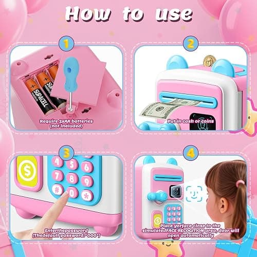 【Upgraded】 Piggy Bank, Face ID Password Unlocking Electronic Kids Bank ATM Security Unlocking Cash Coin Bank Toys Gifts for Kids, Coin Bank for 3 4 5 6 7 8 9 10 11 12 Year Old Girls Boys thumbnail 3