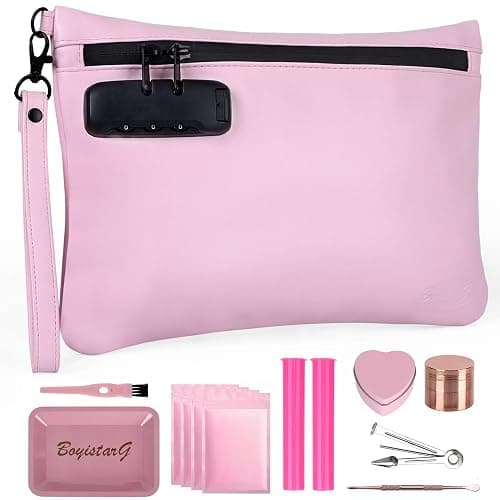 BOYISTARG PU Leather Gift Smell Proof Storage Bags with 8 Items - Waterproof Large Smell Proof Pouch with Combination Lock - Travel Storage Case for Women or Men -Pink - Image 1