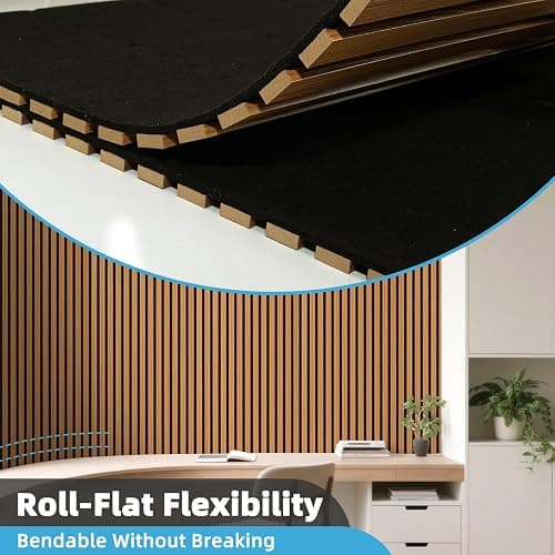 Art3d Acoustic Wood Slat Wall Panel with Roll-Flat Design - 95.3 x 23.8 Inch Sound Absorbing Panels for Living Room Columns Corridor Curved Wall Decor, 1-Pack Teak thumbnail 6