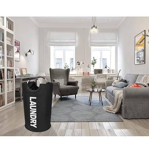 DOKEHOM 90L Large Laundry Basket Bag, Collapsible Tall Hamper, Black | Freestanding tall washing bin & foldable laundry bag. High-capacity clothes storage basket with durable sturdy handles thumbnail 9
