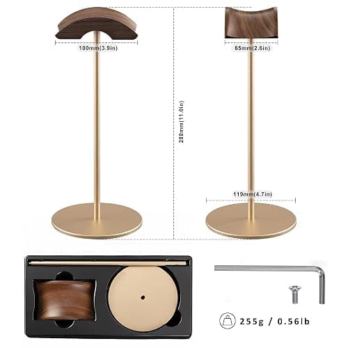 QinCoon Headphone Stand, Walnut Wood & Aluminum Headset Stand, Nature Walnut Gaming Headset Holder with Solid Heavy Base for All Headphone Sizes (Gold) thumbnail 3