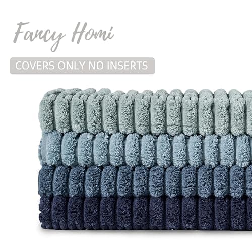 Fancy Homi Set of 4 Blue Decorative Throw Pillow Covers 18x18 Inch for Couch Bed Chair, Modern Farmhouse Boho Room Decor, Soft Fuzzy Corduroy Textured Striped Coastal Blue Cushion Case 45cm thumbnail 4