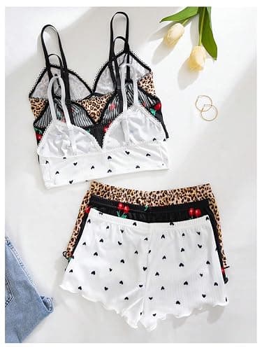 SOLY HUX Women's 6 Piece Lingerie Set Cute Lace Trim Bra and Boyshorts Sleepwear thumbnail 2