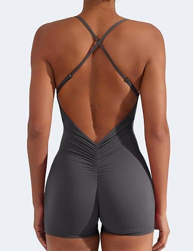 YEOREO Backless Tummy Control Jumpsuits for Women One Piece Workout Jumpsuits Sleeveless V Back Lizvette Scrunch Yoga Rompers - Dark Grey - Small thumbnail 5