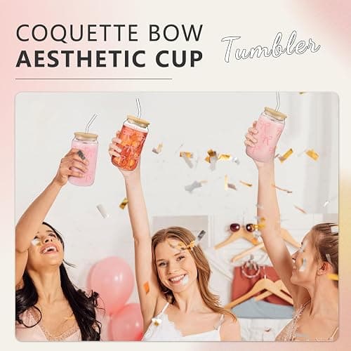 Cosmeria Bow Glasbecher 16 Oz Mit Deckel Und Strohhalm, Elegantes Geschenk Für Beste Freundin, Dekoratives Bow Design, Vielseitiges Trinkglas thumbnail 5