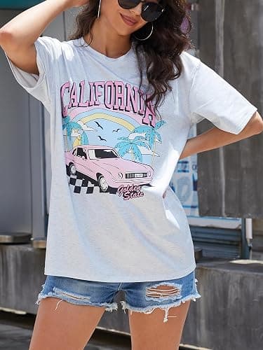 YIJIU Women's Graphic Oversized T Shirts Letter Print Short Sleeve Loose Casual Summer Tops - X-Small - B Grey thumbnail 3