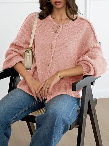 Saodimallsu Womens Oversized Cardigans Button Up Long Lantern Sleeve Chunky Knit Casual Soft Fall Sweater Coats thumbnail 4