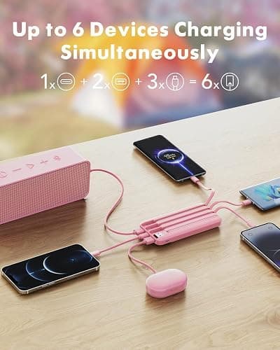 Charmast Power Bank with Built in 4 Cables, 10000mAh Portable Charger | Charges 6 devices at once,Dual voltage,Digital display,Smart protect,Flight-approved, Travel pouch+36-month support thumbnail 3