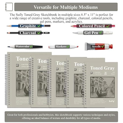 SuFly Toned Gray Sketchbook 8.5" x 11" - 60 Sheets Spiral Bound Artist Drawing Pad, 85lb/130gsm Toned Gray Paper for Graphite, Charcoal, Colored Pencils and Gel Pens. thumbnail 5