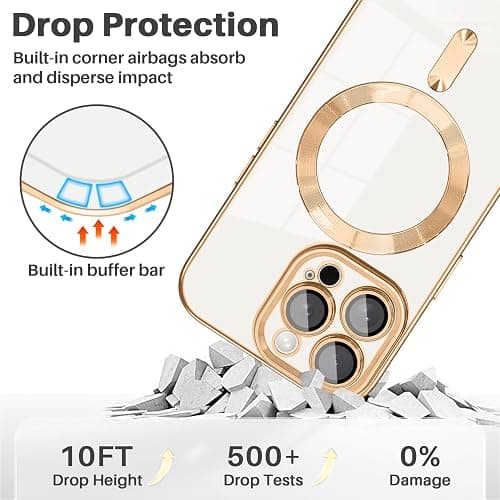 Dinick Magnetic for iPhone 13 Pro Case with Camera Len Protector, White | Compatible with MagSafe, Soft TPU Bumper, Anti-Scratch Protection, Slim Glitter Plated Gold Cover thumbnail 5