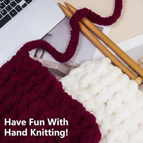 Cozyful Chunky Yarn for Hand Knitting - #10 Chunky Chenille Yarn, Jumbo Big Thick Chunky Yarns for Crocheting, Super Bulky Chunky Knit Blanket Yarns, 8 Skein (22yd, 8oz/Skein), Cream & Wine thumbnail 6