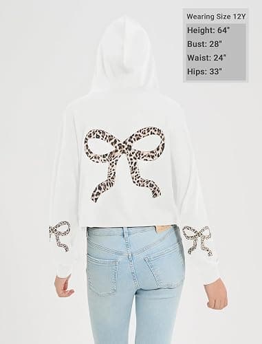 EXARUS Girls Bow Graphic Hoodies Oversized/Cropped Hoodie Teen Pullover Long Sleeve Hooded Sweatshirt Casual Preppy Cute thumbnail 6