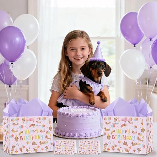 Large Dog Birthday Gift Bag Set with Tissue Paper and Greeting Card Cute Dachshund Dogs Birthday Bag Purple Dachshund Doggy Puppy Dog Pet Gift Wrapping Paper with Handles for Girl Boy Kids Men Women thumbnail 6