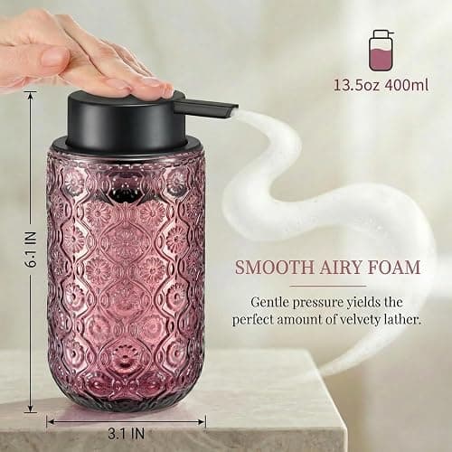 zuxzmj Pink Glass Foaming Hand Soap Dispenser with Matte Black Pump Thick Embossed Bottle Refillable for Bathroom and Kitchen Decor 13.5 oz thumbnail 2