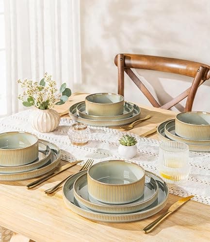 LERATIO Dinnerware sets for 4,12 Piece Stoneware Plates and Bowls sets | Handmade Reactive Glaze Dish Set,Lightweight & Scratch Resistant,Oven & Microwave & Dishwasher Safe-Pale Sage thumbnail 8
