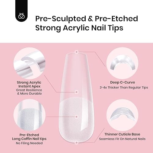 Beetles Tipex Nail Tips Long Square-C Curved Half Matte Nail Tips 210 Pcs Pre Building Fake Nails with Uv Nail Glue, LED Nail Lamp - Thick Acrylic Nail Set for Flat Nails - D-Tipex Long Square Half Matte Nail Tips Kit thumbnail 4