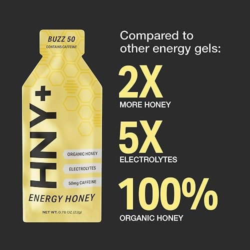 HNY+ Buzz Organic Honey Energy Gel with Electrolytes, Magnesium, Sea Salt, Potassium & Green Tea Caffeine, Gluten Free & Vegan, Workout Gels, for Gym, Running & Hiking, 50mg Caffeine, 12 Pack thumbnail 5
