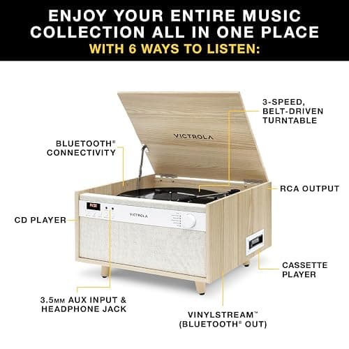 Victrola Century 6-in-1 Vinyl Record Player & Music Center – 3-Speed Turntable, CD & Cassette Player, VINYLSTREAM, Bluetooth & 3.5mm Aux, Record Player with Speakers, Mid Century Design (Walnut) thumbnail 2