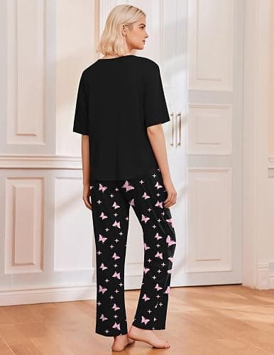 Ekouaer 2 Pack Womens Pajama Sets Short Sleeve Tops and Long Pants Casual Comfy Pjs Lounge Set with Pockets,S-XXL thumbnail 2