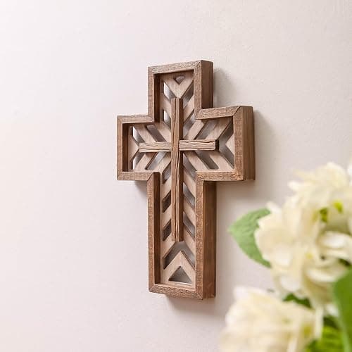 Crucifix Wall Cross - 12 Inch Handmade Unique Rustic Wooden Catholic Spiritual Art Church Home Room Decor - Brown thumbnail 2