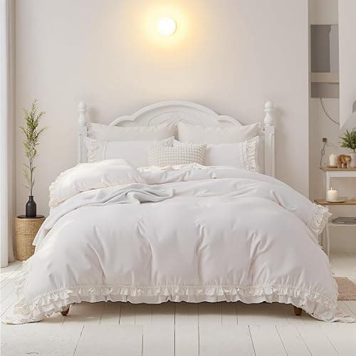 Merryword 100% Cotton Ruffled Duvet Cover Set Queen, White Shabby Chic Farmhouse Bedding Set French Country Cute Comforter Cover thumbnail 2