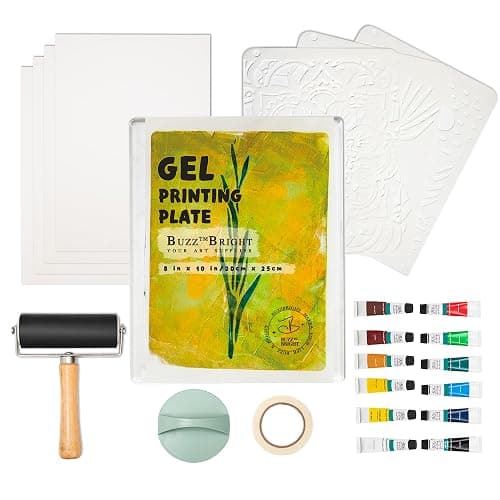 BuzzBright Gel Printing Plate kit, Complete Printmaking Set with 8”X10” Gelatin Plate, Brayer, Printmaking Paper, Acrylic Paint and Essential Tools for Mixed Media Art, Monoprinting, Card Making - Image 1