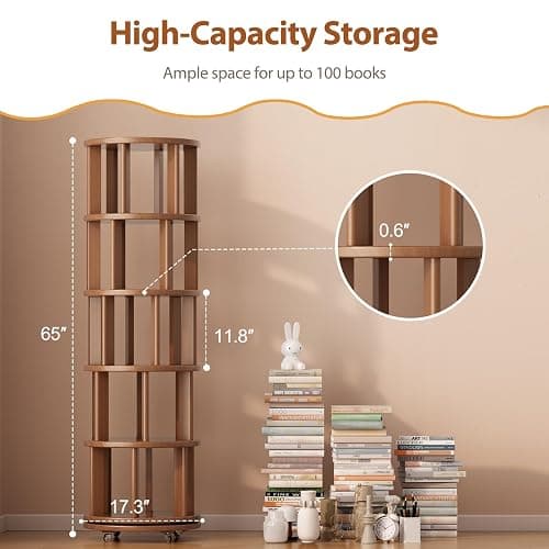 Muwuele Solid Wood Rotating Bookshelf on Wheels, 5 Tier, Round Revolving Bookcase, 360° Spinning Book Shelf Tower for Kids, Narrow Rolling Bookshelves for Small Space, Corner, Bedroom, Office, Walnut thumbnail 2