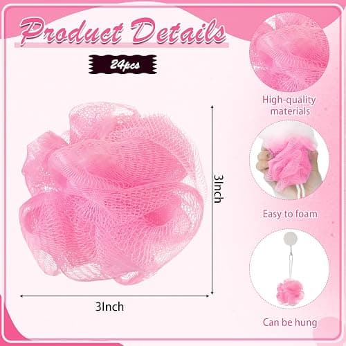 Shellwei 24 Pcs 3 Inch Mini Loofah Travel Size Bulk Shower Sponge, Pink | Pouf Mesh for Women, Kids, Men, Exfoliating, Body Scrubber, Baby Shower Favor thumbnail 2