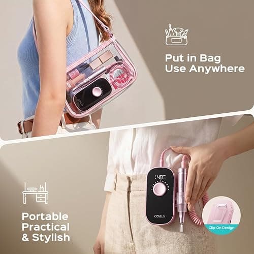 COSLUS E51 Professional Nail Drill Portable Long-Lasting Electric Nail File | Rechargeable, 40000 RPM, Effective for Acrylic Gel Polishing Removing, Easy for Beginner Women, Home DIY & Salon, Pink thumbnail 7
