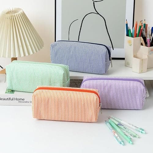 HFHungkeong Cute Pencil Case, Seersucker Pencil Bag Desktop Stationery Finishing Large Capacity Embroidery Striped Travel Storage Bag, Multifunctional Cosmetic Pouch(Pink White) thumbnail 5