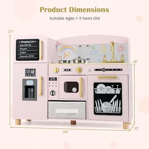 INFANS Kids Kitchen Playset, Toddler Wooden Pretend Cooking Toy Set with Acrylic Drawing Board Ice Machine Dishwasher Cloth Drawer Stove Removable Sink Simulation Play Kitchen for Boys Girls thumbnail 2