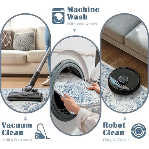 jinchan Area Rug 5x7 Medallion Floral Washable Rug Accent Floor Cover Non Slip Living Room Vintage Mat Retro Thin Soft Carpet for Bedroom Dining Room Kitchen Distressed Blue thumbnail 3