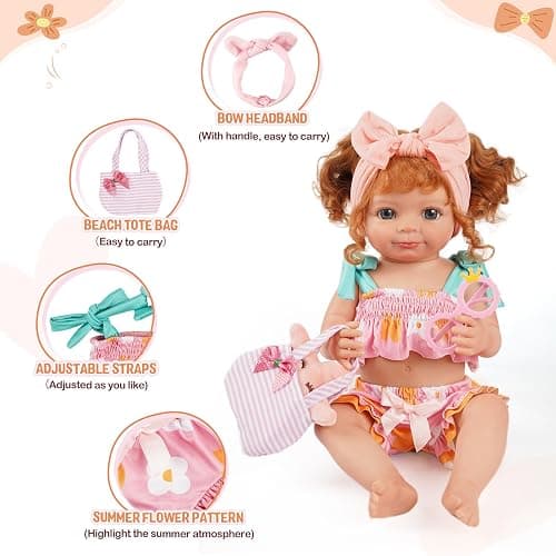 BABESIDE 7-Piece Reborn Baby Doll Clothes Set for 16–20 Inch Dolls, Washable Floral Outfit for Realistic Babydoll with Hat, Bag and Headband, Baby Doll Accessories Pretend Play Set for Kids thumbnail 4