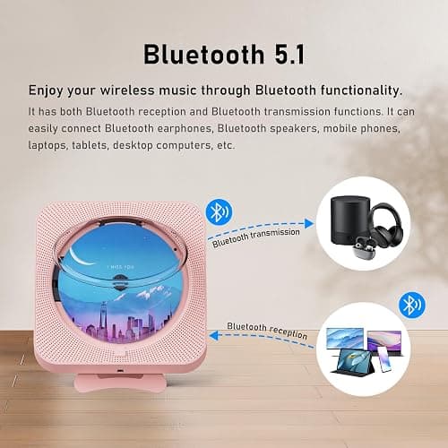 MICOCIOUS Portable CD Player with Bluetooth Desktop CD Player for Home CD Music Players with Remote Control,Timer,Built-in Dual Speakers with LED Display Home Audio Boombox FM Radio (Pink) thumbnail 3