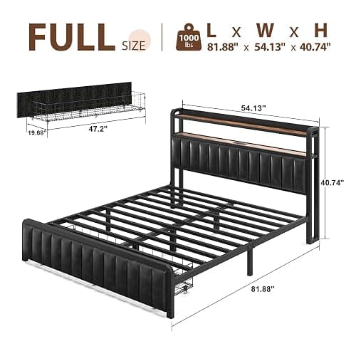 Full Size Bed Frame and Upholstered Storage Headboard, LED Light, Black | Built-in Charging Station, Wheeled Under-bed Drawers, Heavy-Duty Metal Slats, Noise-Free, Easy Assembly, No Box Spring Needed thumbnail 2