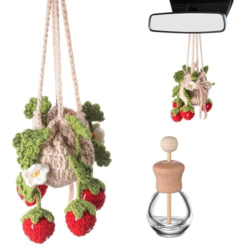 DaisyInner Cute Crochet Plant Car Freshener 12ml Empty Refillable Diffuser Bottle with Plants Hanging Accessories for Rearview Mirror Home Office Decor Women Christmas Gifts(Strawberry) - Image 1