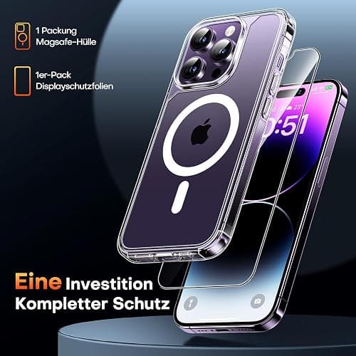 TAURI für iPhone 14 Pro Hülle 6,1" mit Panzer Schutz Glas Folie, Kompatibel mit MagSafe, Schutz nach Militärstandard, [Anti-Vergilbung] Stoßfest Magnetisch Handyhülle - Durchsichtig thumbnail 4